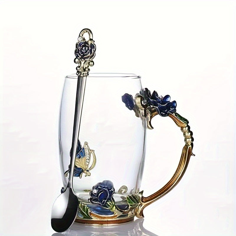1pc, Exquisite Rose Enamel Butterfly Tea Cup - Heat Resistant, Clear Glass, Painted Flower Design, Elegant Coffee Mug, Tumbler, Ideal Breakfast Drinking Glass, Perfect Gift for Tea Lovers