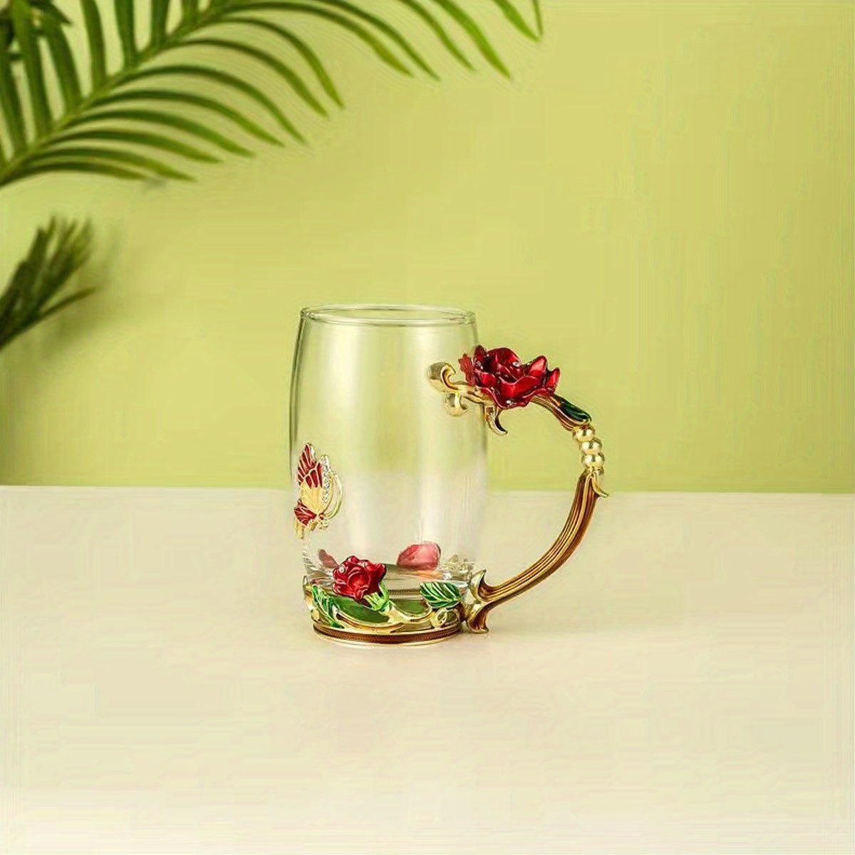 1pc, Exquisite Rose Enamel Butterfly Tea Cup - Heat Resistant, Clear Glass, Painted Flower Design, Elegant Coffee Mug, Tumbler, Ideal Breakfast Drinking Glass, Perfect Gift for Tea Lovers