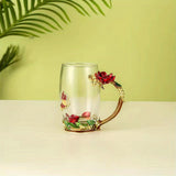 1pc, Exquisite Rose Enamel Butterfly Tea Cup - Heat Resistant, Clear Glass, Painted Flower Design, Elegant Coffee Mug, Tumbler, Ideal Breakfast Drinking Glass, Perfect Gift for Tea Lovers