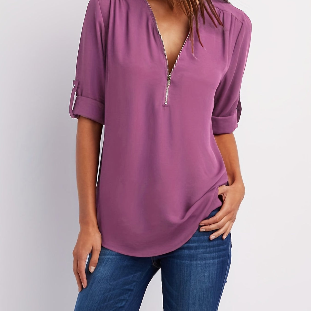Solid V Neck Blouse, Casual Ruched Rollable Sleeve Half Zip Blouse, Women's Clothing