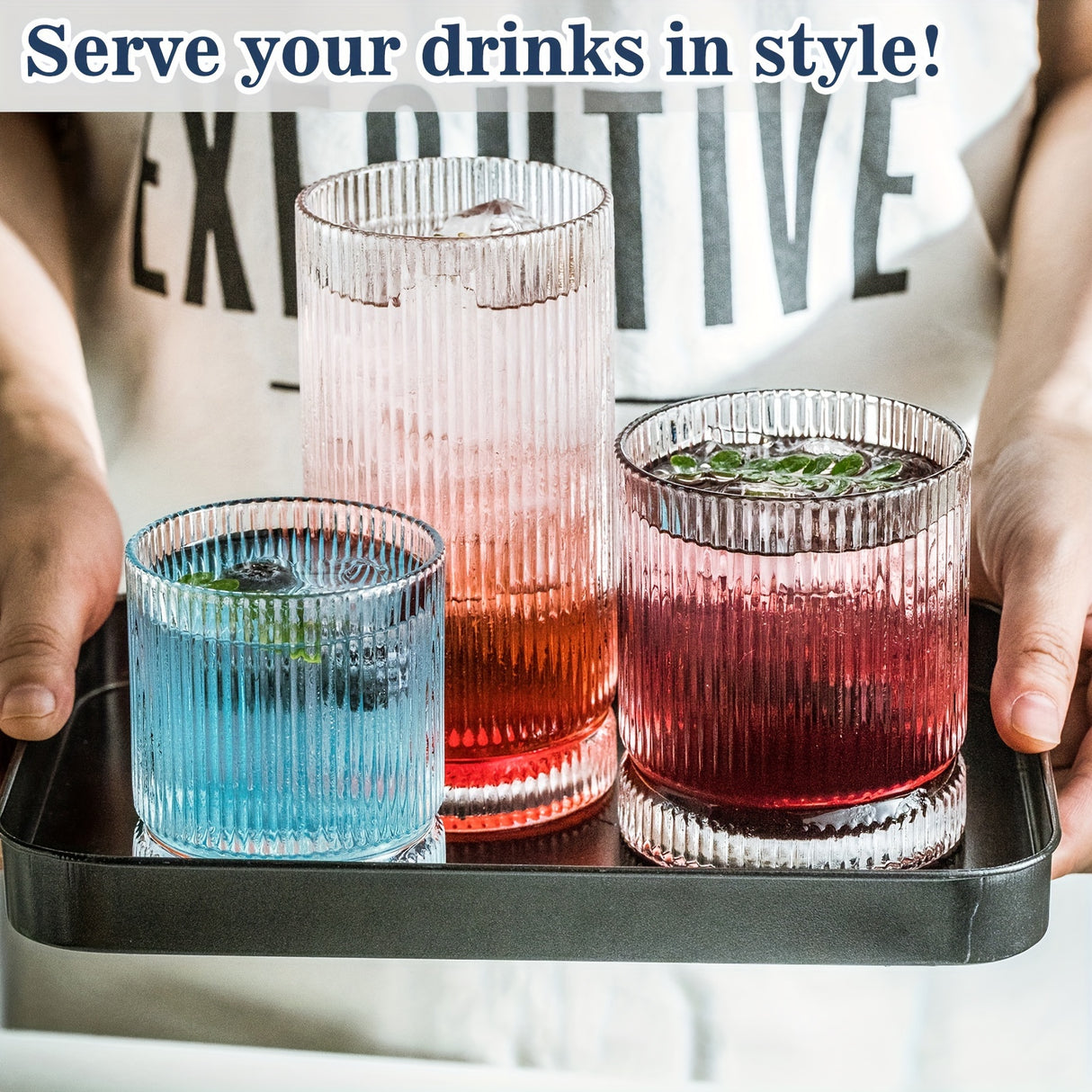 12Pcs, Ribbed Glasses, Drinking Glass Set, Vintage Glassware for Kitchen, Old Fashioned Whiskey Tumblers, Perfect for Juice, Cocktails, and Beverages