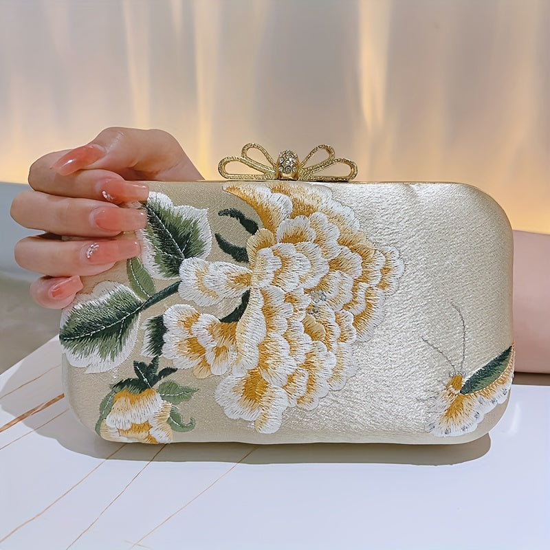 Flower Embroidery Pearl Chain Clutch Bag, Elegent Textured Metal Frame Bag, Classic Celebrity Dinner Evening Bag