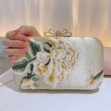 Flower Embroidery Pearl Chain Clutch Bag, Elegent Textured Metal Frame Bag, Classic Celebrity Dinner Evening Bag