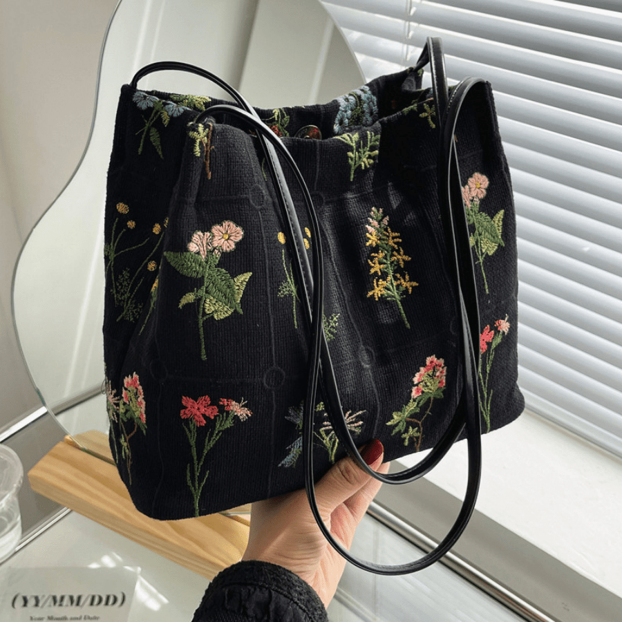Embroidered Print Tote Bag, Stylish Collapsible Shoulder Bag, Perfect Crossbody Bag For Daily Use