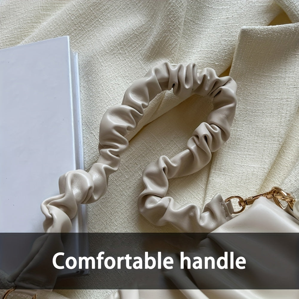 Chic White Ruched Handbag with Pearl Accents, Soft PU Leather, Versatile Underarm and Shoulder Bag for All Occasions