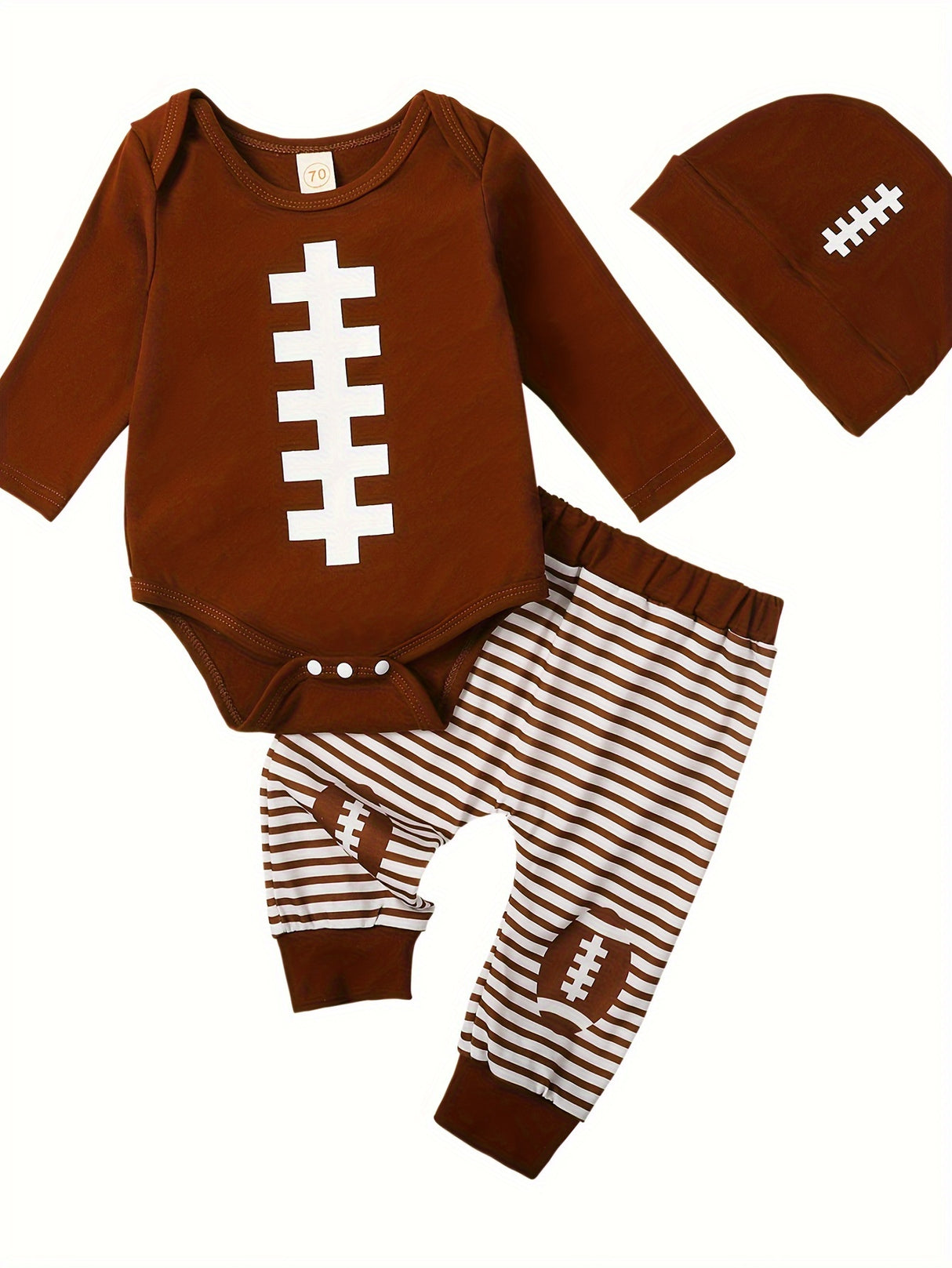 Baby Boy 3 Piece Outfit Football Print Long Sleeve Rompers and Elastic Striped Pants Beanie Hat Set Fall Spring Clothes
