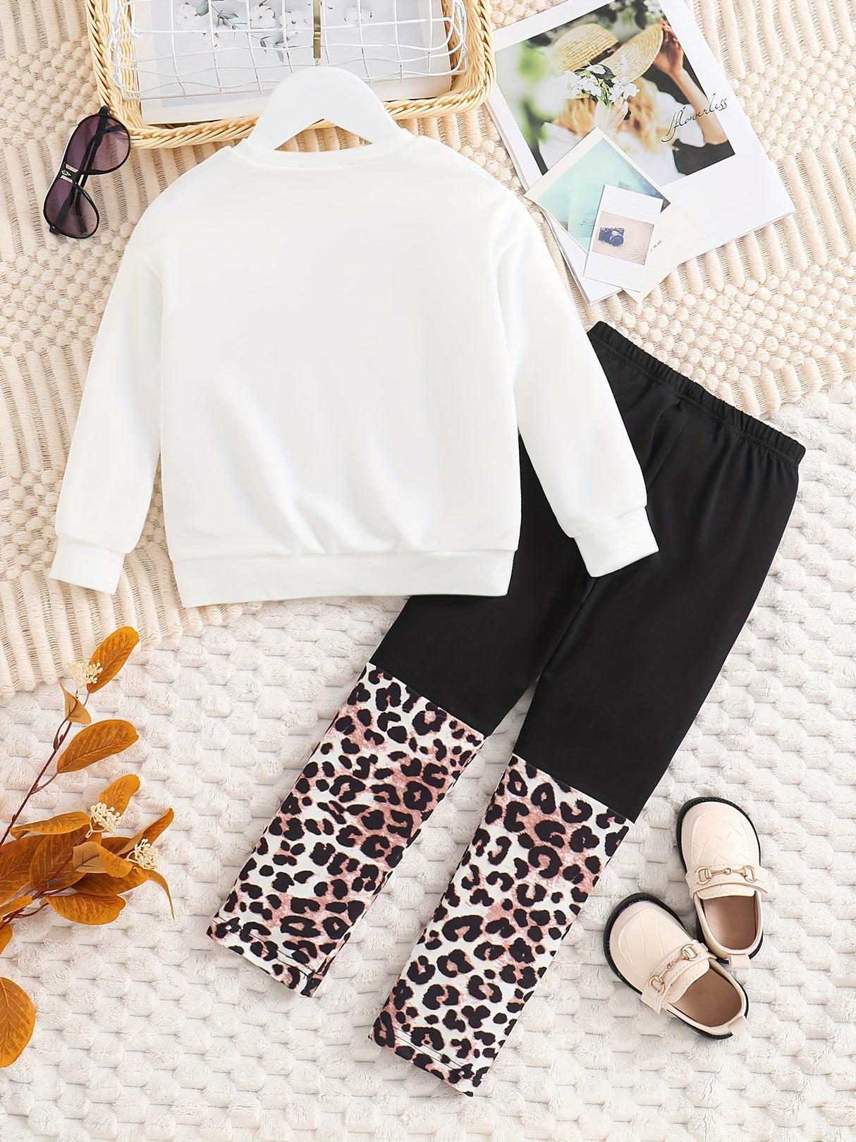 Toddler Girl's 2pcs, MINI GIRL Print Sweatshirt & Leopard Pattern Leggings Set, Cartoon Sunglasses Girl Graphic Casual Outfits, Kids Clothes For Spring Fall