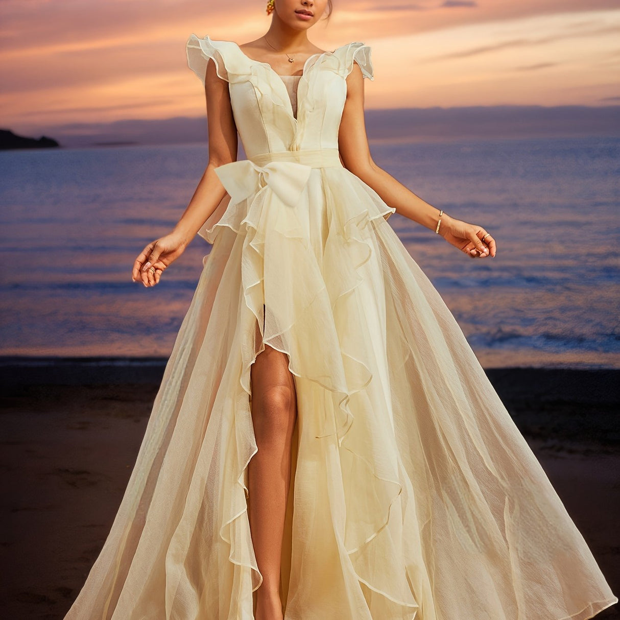 Elegant Off-Shoulder Ruffle Trim Gown with Bow Detail - Deep V-Neck, Backless Design, High Slit Mesh Evening Dress for Women, Perfect for Parties, Banquets, and Formal Events, Party Dress | Offshoulder Gown | Hemline Accent,