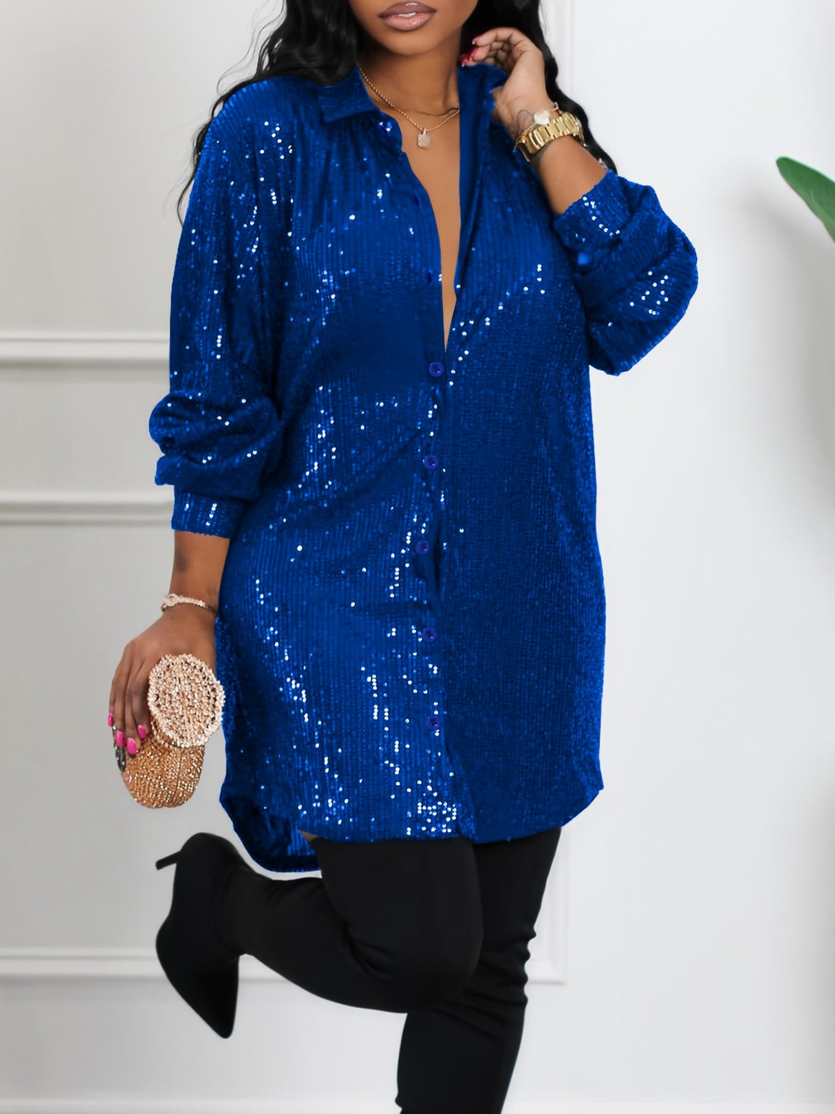 Plus Size Glamour - Sequined, Long Sleeve, Turn Down Collar, Button Up Shirt Dress for Women - Perfect for Party, Evening, and Formal Occasions