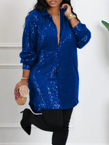 Plus Size Glamour - Sequined, Long Sleeve, Turn Down Collar, Button Up Shirt Dress for Women - Perfect for Party, Evening, and Formal Occasions