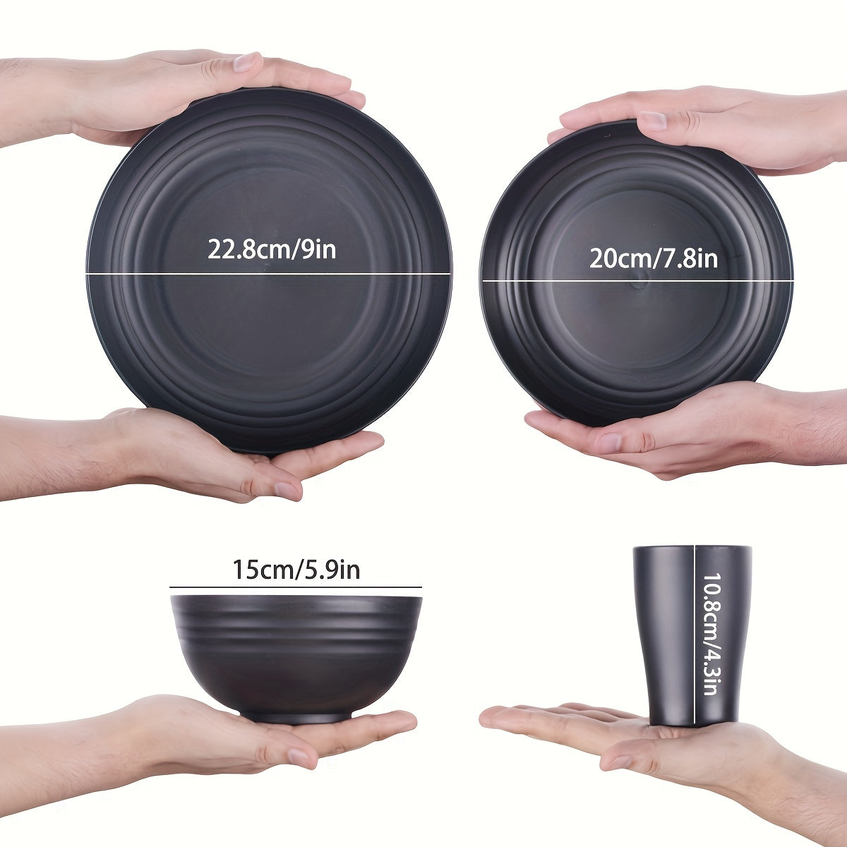 Premium Straw Tableware Set, 16 Unbreakable Tableware Sets, Microwave And Dishwasher Safe, Black Set of 8 Plates, 4 Bowls, 4 Cups.