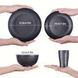Premium Straw Tableware Set, 16 Unbreakable Tableware Sets, Microwave And Dishwasher Safe, Black Set of 8 Plates, 4 Bowls, 4 Cups.