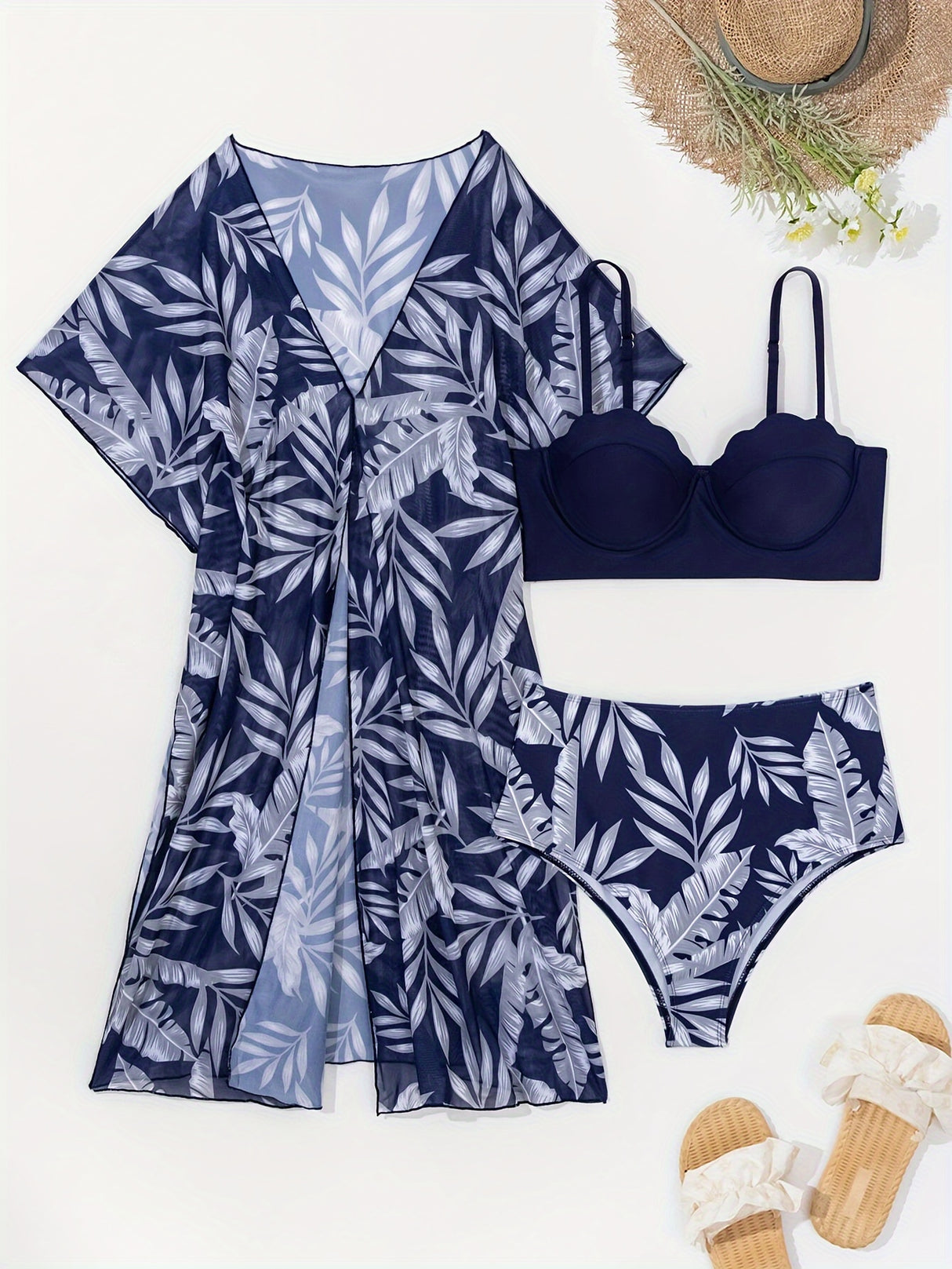 New Three Piece Swimsuit Set with European And American Mesh Outer Cover, Kimono Split Bikini, Slimming Swimsuit for Women
