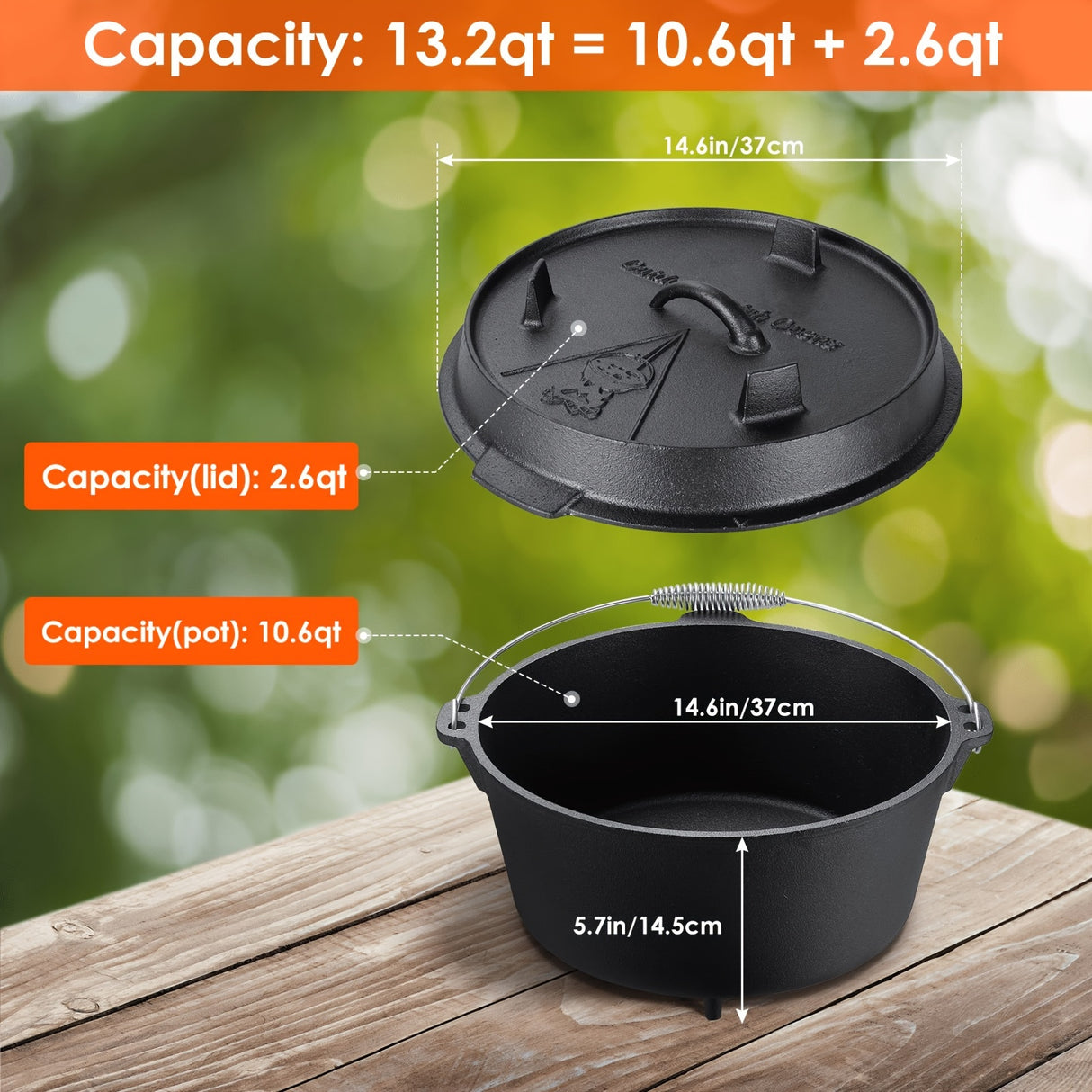 13.2 Quart Cast Iron Dutch Oven with Lid Lifter, Dual Function Lid Griddle, Stand and Lid for Home Cooking, Baking, BBQ