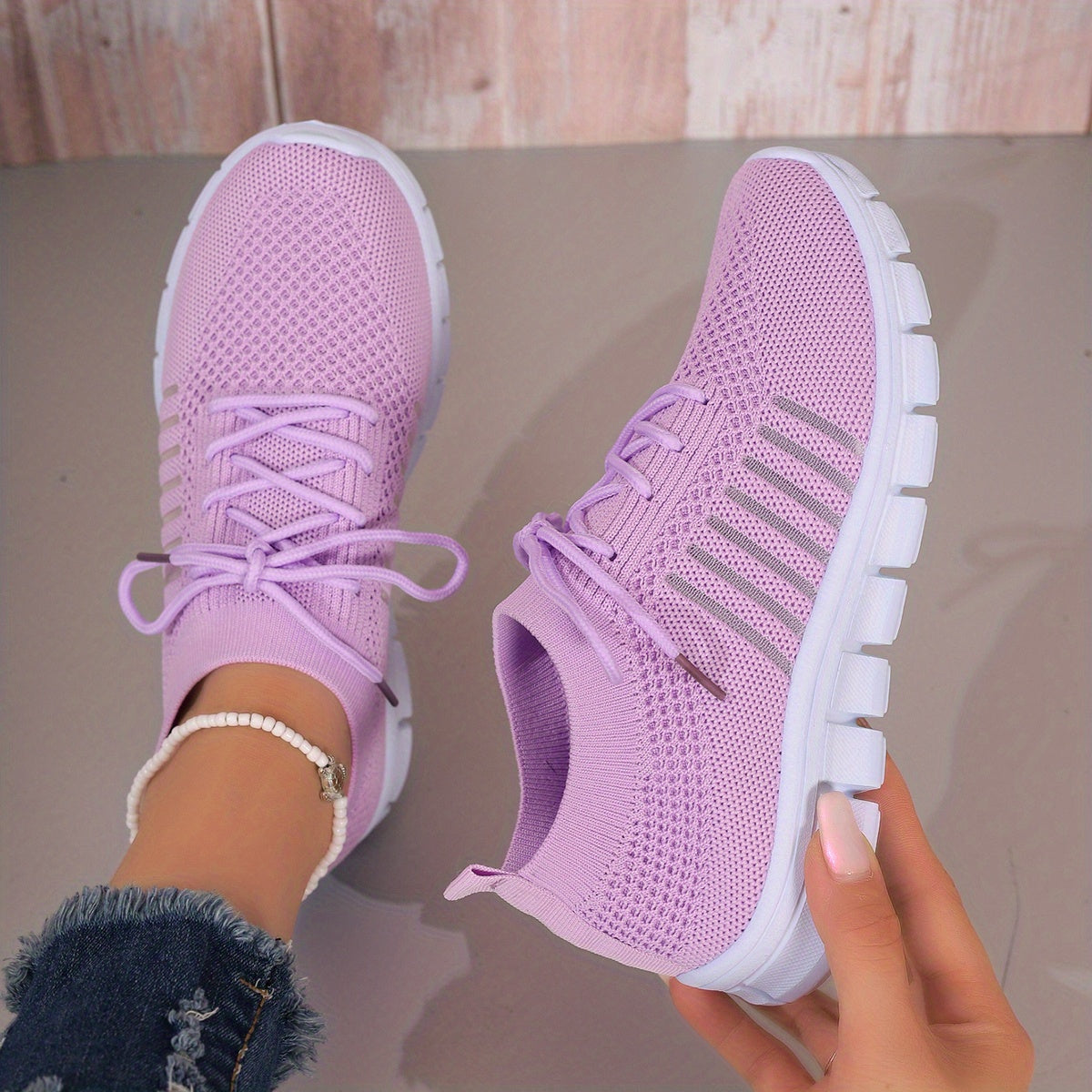 Womens All-Season Lace Up Knit Sneakers - Breathable Mesh Upper, Comfortable Fabric Insole, EVA Sole, Versatile Solid Color Running Shoes for Casual Wear