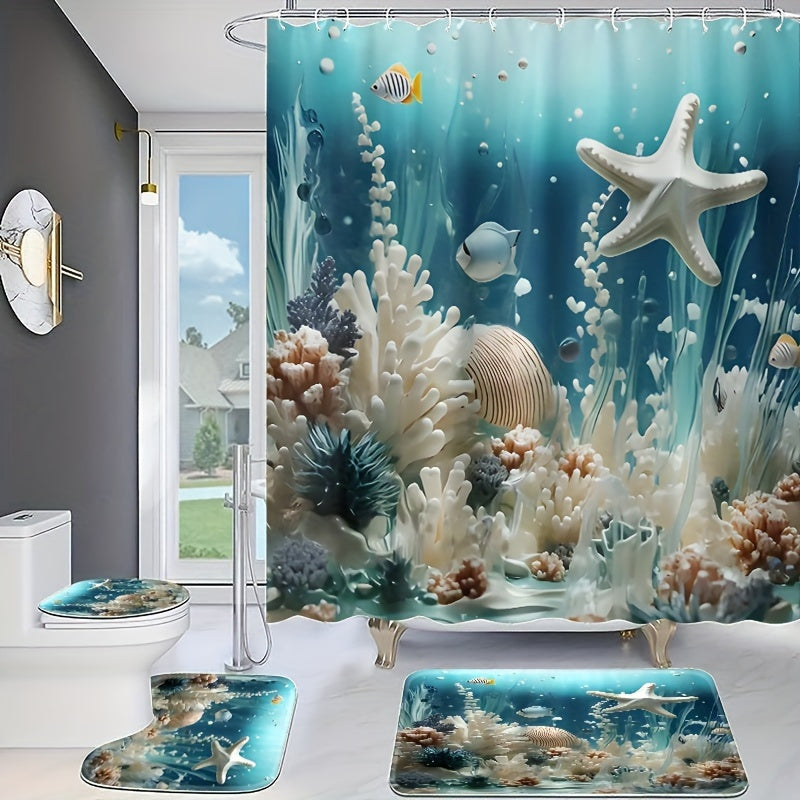 1/4pcs Ocean Breeze Blue Coral Print Shower Curtain Set - Water-Resistant, Non-Slip, Decorative Bathroom Essentials With 12 Hooks - Polyester, Unlined, Grommet Top, Woven Weave, All-Season Bathroom Accessories For Home Decora