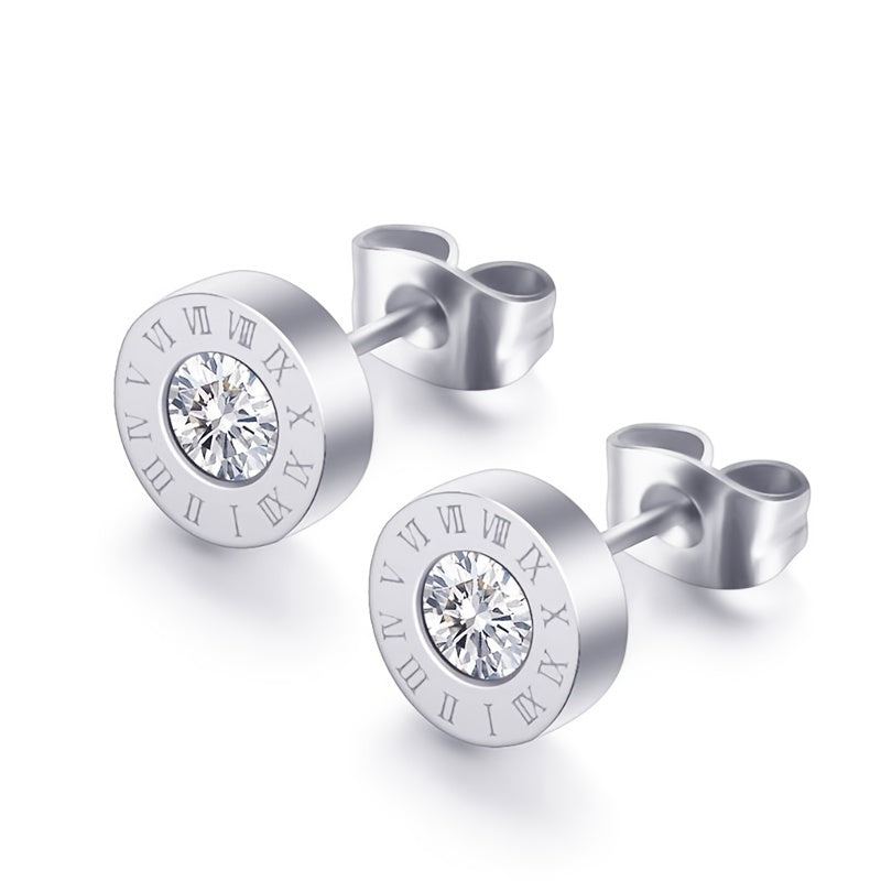 Chic Stainless Steel Roman Numeral Stud Earrings with Sparkling Zirconia - Rose Golden Plated, Perfect for Everyday & Party Wear