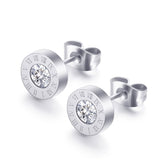 Chic Stainless Steel Roman Numeral Stud Earrings with Sparkling Zirconia - Rose Golden Plated, Perfect for Everyday & Party Wear