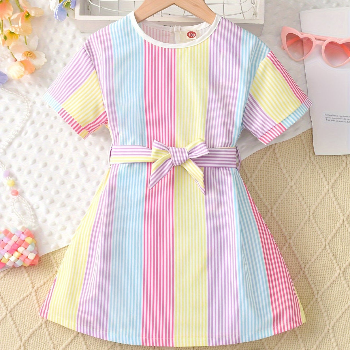 Little Girls Striped A-Line Dress with Tie Belt - Short Sleeve, Non-Stretch Polyester, Casual Summer Holiday Wear for Girls - Perfect Gift Idea