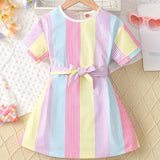 Little Girls Striped A-Line Dress with Tie Belt - Short Sleeve, Non-Stretch Polyester, Casual Summer Holiday Wear for Girls - Perfect Gift Idea