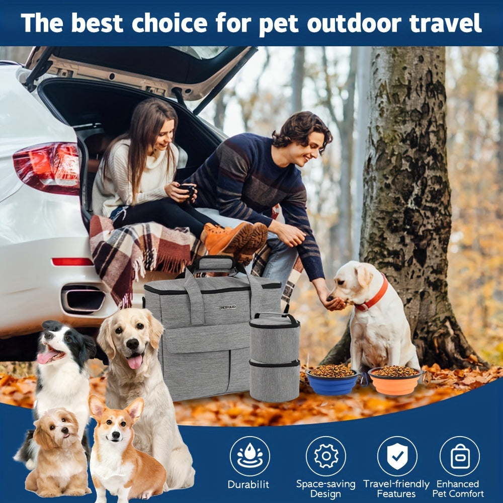 Travel Bag for Pets, a Weekend Travel Set for Dogs And Cats, Airline-Approved Tote Bag with Storage, Featuring Multiple Pockets, 2 Pet Food Containers, And 2 Collapsible Silicone Bowls.