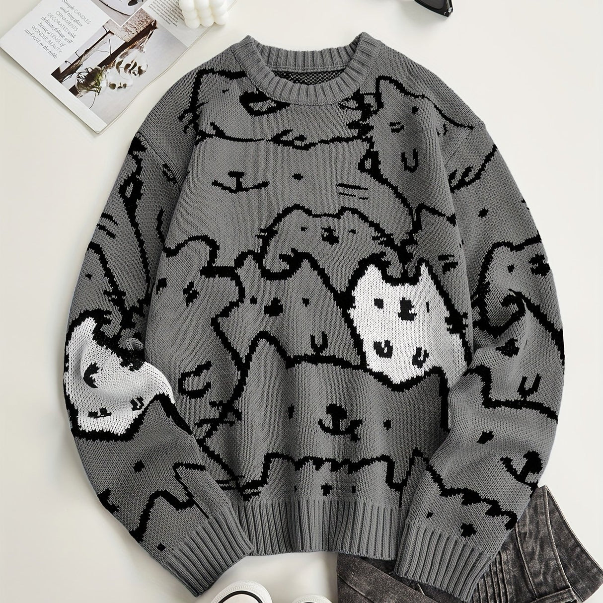 Cute Cats Pattern Knitted Sweater, Men's Casual Warm Slightly Stretch Crew Neck Pullover Sweater For Men Fall Winter