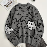 Cute Cats Pattern Knitted Sweater, Men's Casual Warm Slightly Stretch Crew Neck Pullover Sweater For Men Fall Winter