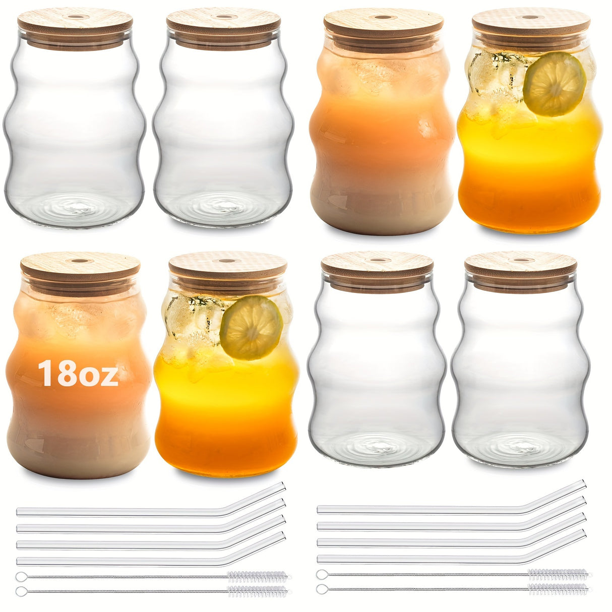 8PCS, Ribbed Drinking Glass Cups with Straws Set, 18 oz Creative Glass Cups Vintage Drinking Glasses Ribbed Glassware Aesthetic Cups Entertainment Dinnerware Glassware with Straws Set for Kitchen Coffee Juice Beverage