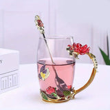 Elegant Ramadan Rose Enamel Glass Tea Cup with Spoon - BPA-Free, Crystal-Embellished Mug for Hot Drinks, Ideal Gift