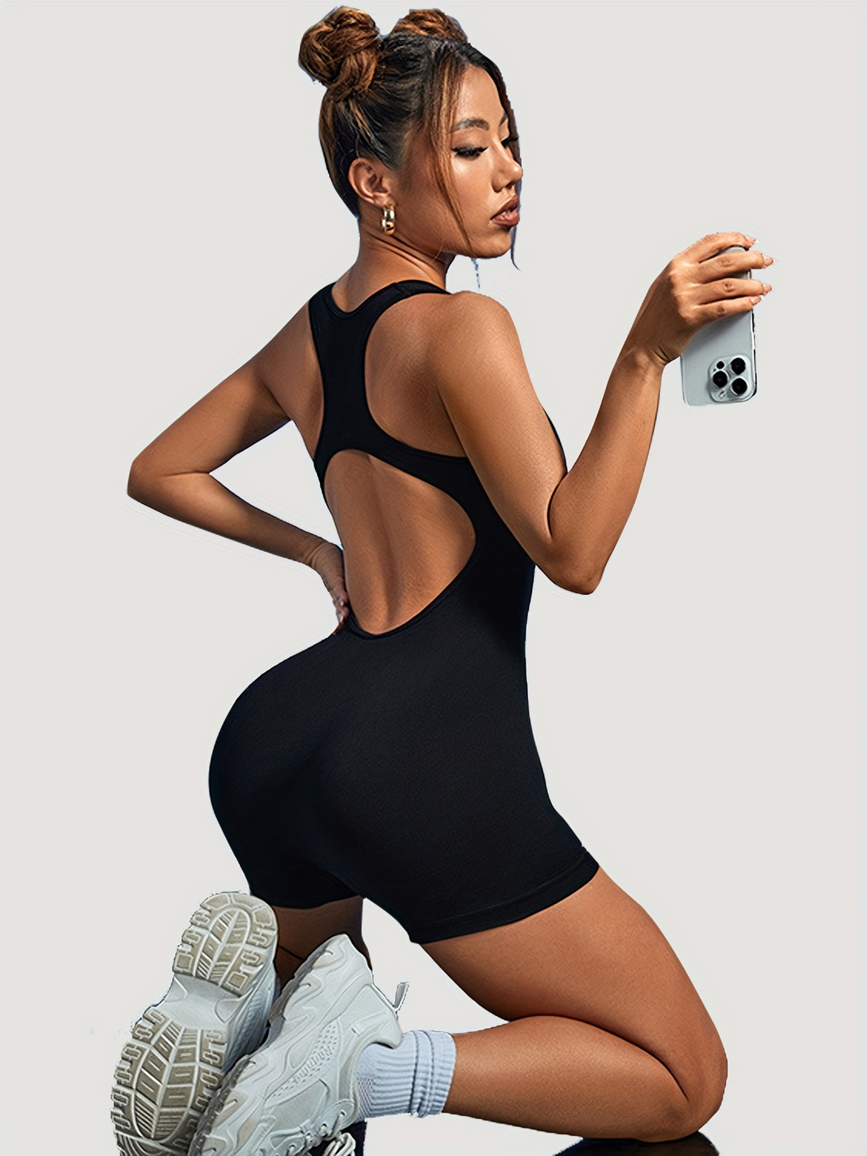 Women's Workout Rompers, High Stretchy Seamless Beauty Open Back Ribbed Tummy Control Bodysuits, Square Neck Solid Color Gym Sports Yoga Tank Short Jumpsuits Playsuits