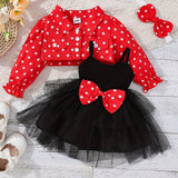 Baby Girl Outfit Red Head Knot+Red Dot Jacket+Black Suspender Mesh Skirt Three Pieces Set with 3 - 24 Months