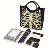 Goth Grunge Skeleton Durable Crossbody Bag, Rib Pattern Canvas Large Capacity Trendy Handbag, Halloween Portable Double Handle Tote Bag