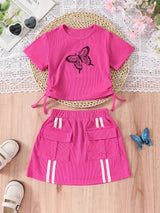 Girl's Trendy 2pcs, Drawstring T-shirt & Skirt Set, Butterfly Print Ribbed Short Sleeve Top, Casual Outfits, Kids Clothes For Summer