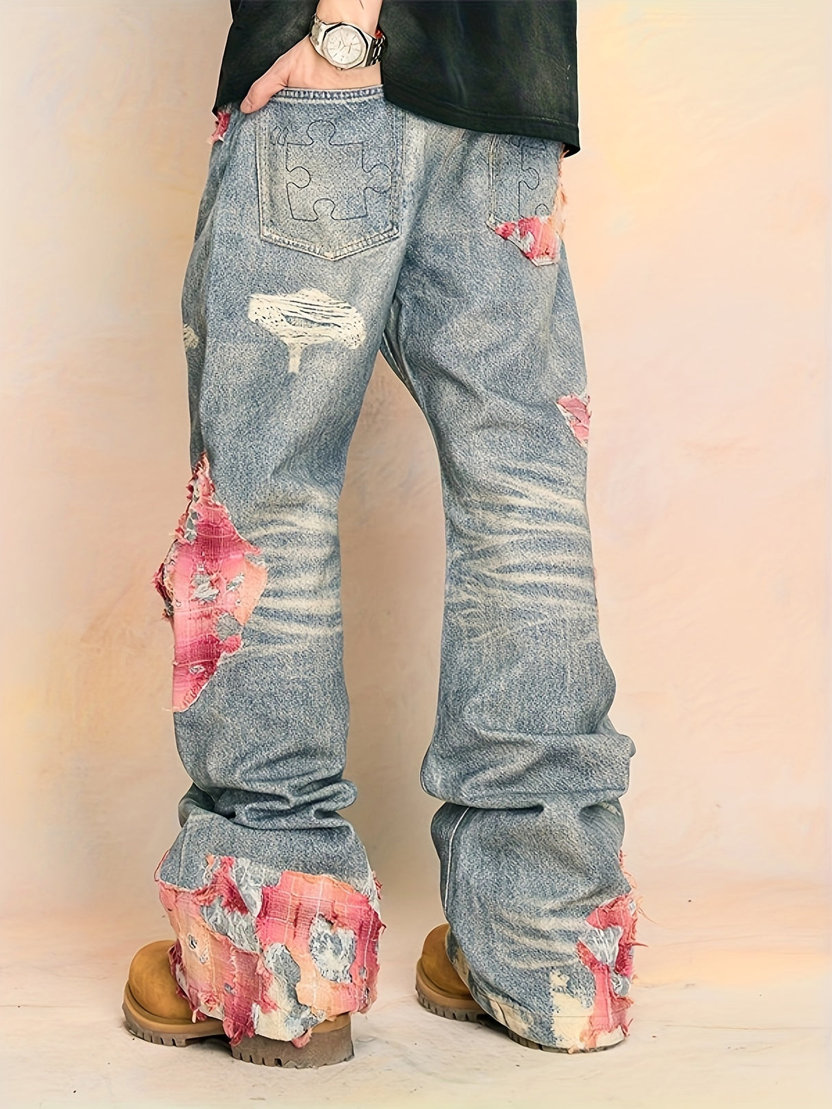 High Street Hip-hop Flared Jeans For Men And Women Summer Street Design LaceSplicing Mopping Pants