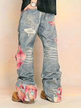 High Street Hip-hop Flared Jeans For Men And Women Summer Street Design LaceSplicing Mopping Pants