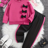 Girls 2pcs Sweatshirt & Elastic Waist Pants Set Bow Decor Long Sleeve Pullover Top Casual Kids Clothes Spring Fall