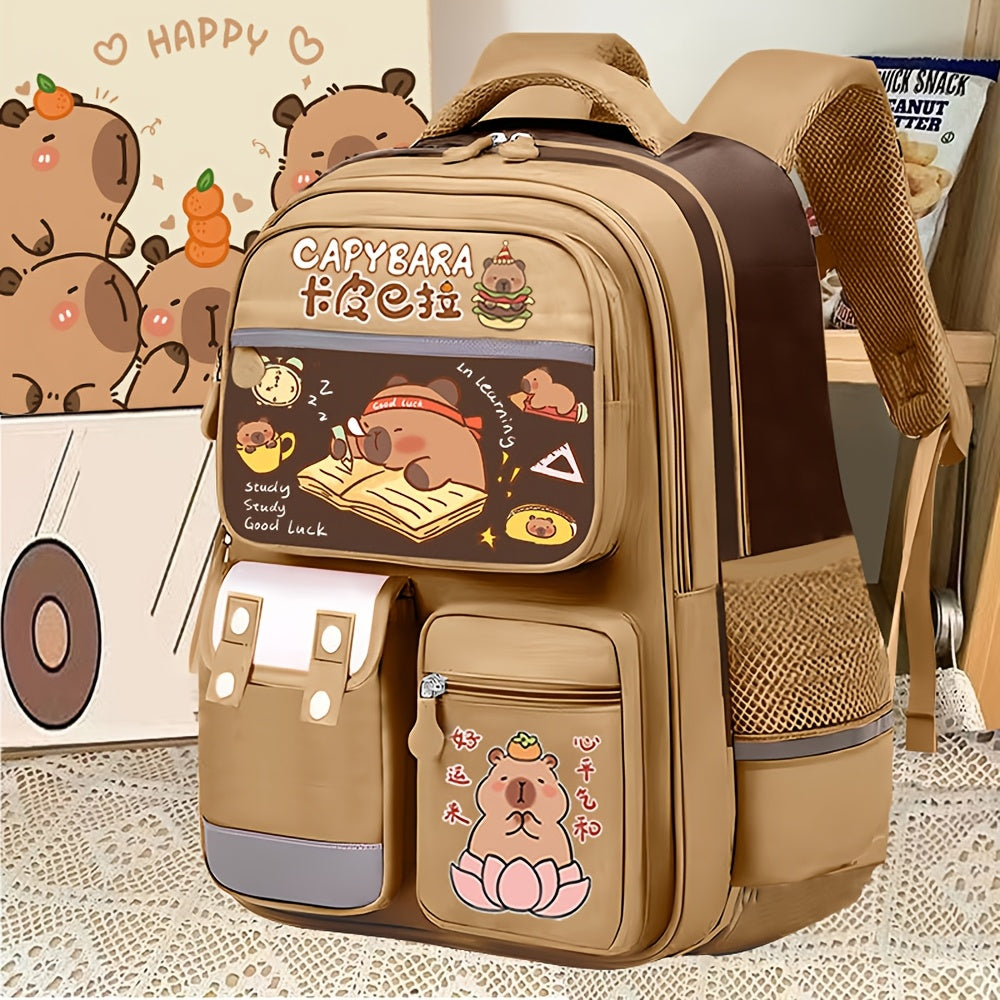 Lightweight 1pc Preppy Style Khaki Nylon Backpack for College, 16-inch Water-Resistant School Bag with Adjustable Straps, Zipper Closure, Polyester Lining, Contrast Binding, Easy to Clean, Printed Design