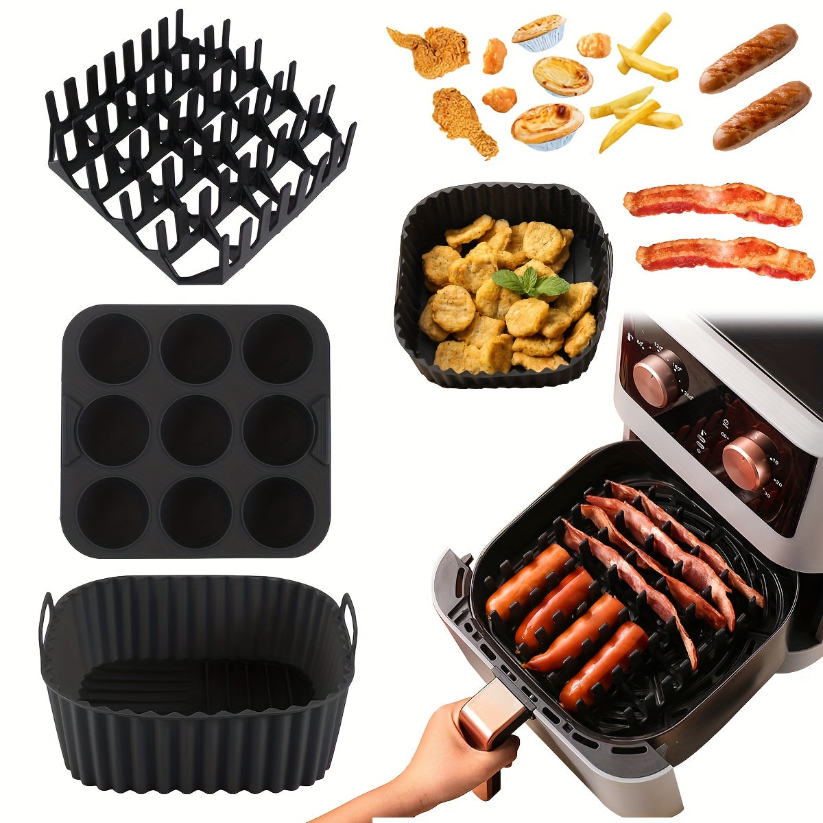 [9-Cavity Cake Mold Air Fryer Set] 1set, Premium Square Air Fryer Silicone Set - Bacon & Hot Dog Rack, 9-Cavity Cake Mold, Air Fryer Pan - BPA-Free, Dishwasher Safe - Compatible With 7QT+ Air Fryers