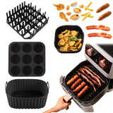 [9-Cavity Cake Mold Air Fryer Set] 1set, Premium Square Air Fryer Silicone Set - Bacon & Hot Dog Rack, 9-Cavity Cake Mold, Air Fryer Pan - BPA-Free, Dishwasher Safe - Compatible With 7QT+ Air Fryers