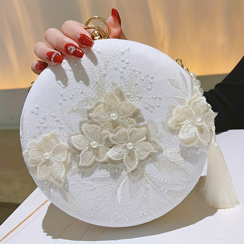 Vibrant Floral Embroidery Round Clutch Bag - Stunning Wedding Party Purse for Women, Elegant Hanfu Accessories with Delicate Flower Pattern, Perfect for Banquet and Formal Occasions