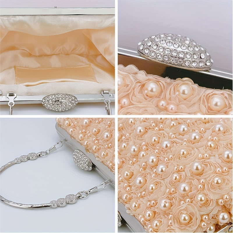 Luxurious Faux Pearl Evening Clutch Bag - 3D Flower Embellished, Top Ring Design, Wedding Bridal Prom Banquet Purse with Elegant Look and Compact Size