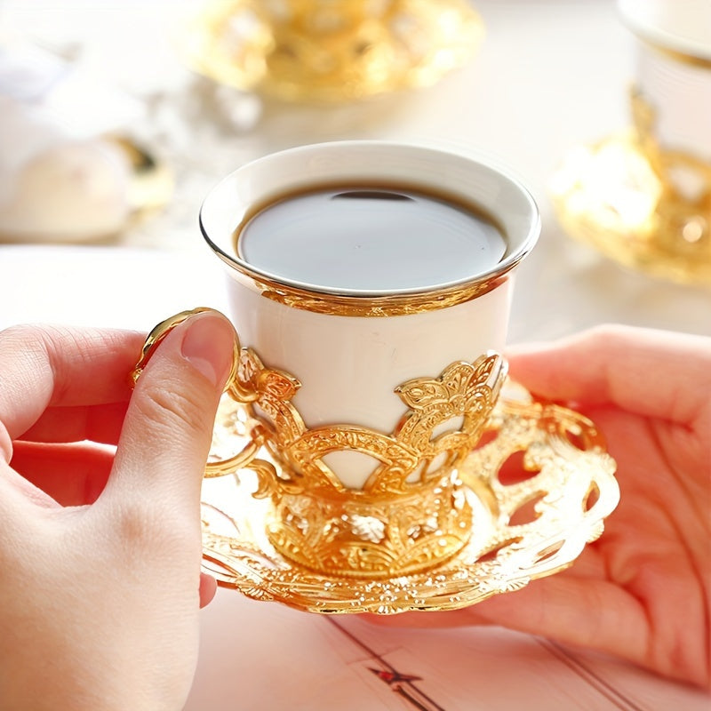 Sakura Train Set, Turkish Arabic Coffee Cups And Saucers, Espresso Cups With Saucer Plates And Spoons, Ceramic Tea Sets With Gift Box, 2.8 OZ (Golden)