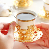 Sakura Train Set, Turkish Arabic Coffee Cups And Saucers, Espresso Cups With Saucer Plates And Spoons, Ceramic Tea Sets With Gift Box, 2.8 OZ (Golden)