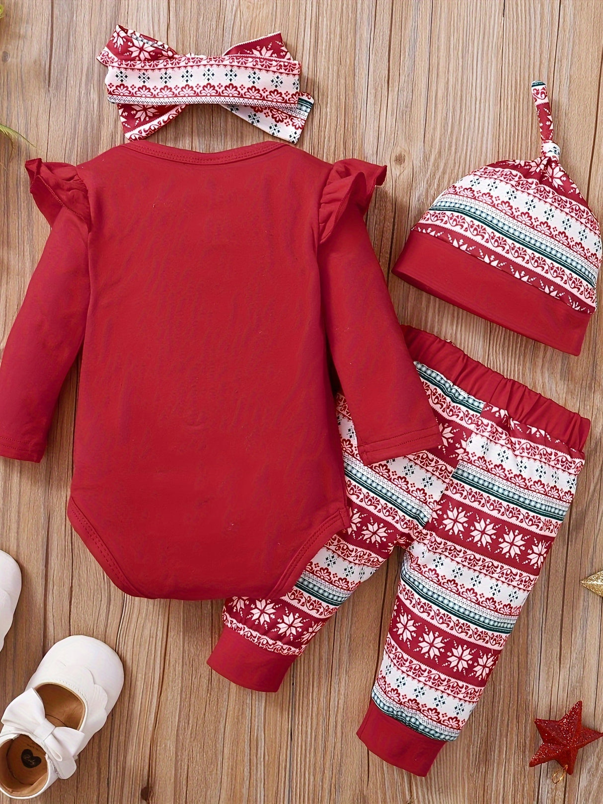 Baby Girl Christmas Set, Flying Long Sleeve Cute Cartoon Pattern & Letter Print Casual Triangle Romper + Pattern Print Pants + Headband Three-piece Set Plus Hat, Outdoor Cloth