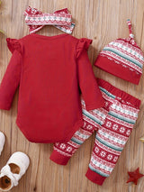 Baby Girl Christmas Set, Flying Long Sleeve Cute Cartoon Pattern & Letter Print Casual Triangle Romper + Pattern Print Pants + Headband Three-piece Set Plus Hat, Outdoor Cloth