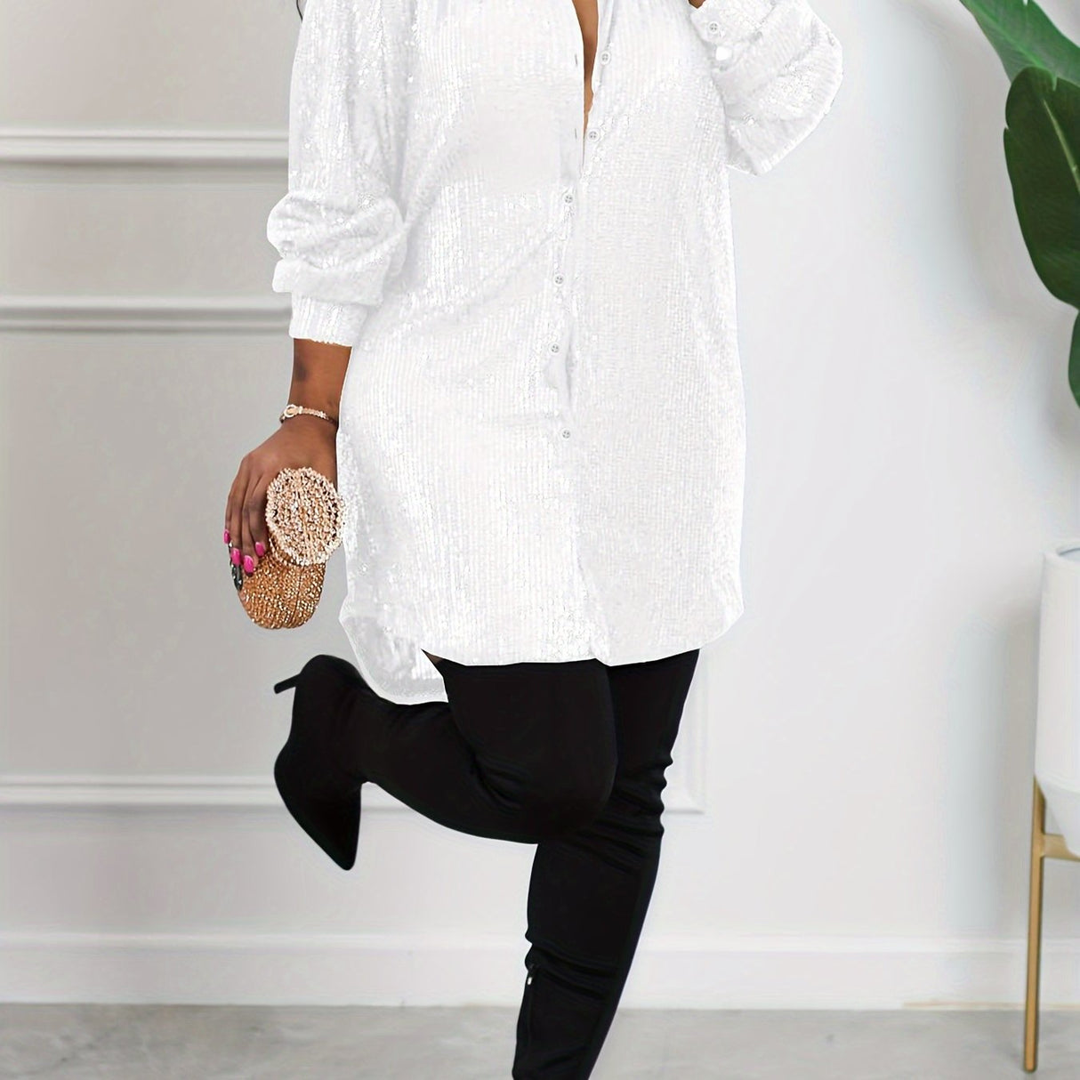Plus Size Glamour - Sequined, Long Sleeve, Turn Down Collar, Button Up Shirt Dress for Women - Perfect for Party, Evening, and Formal Occasions