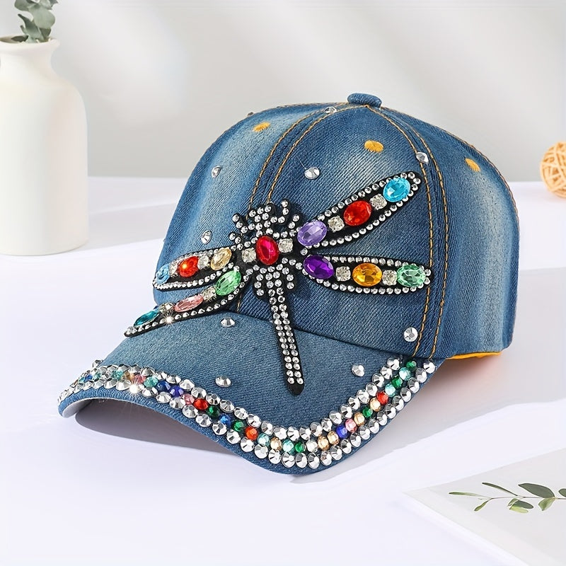 Fashion-Forward Rhinestone Dragonfly Denim Dad Hat - Blue Washed & Distressed - Sun-Protective Baseball Cap for Women