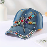Fashion-Forward Rhinestone Dragonfly Denim Dad Hat - Blue Washed & Distressed - Sun-Protective Baseball Cap for Women