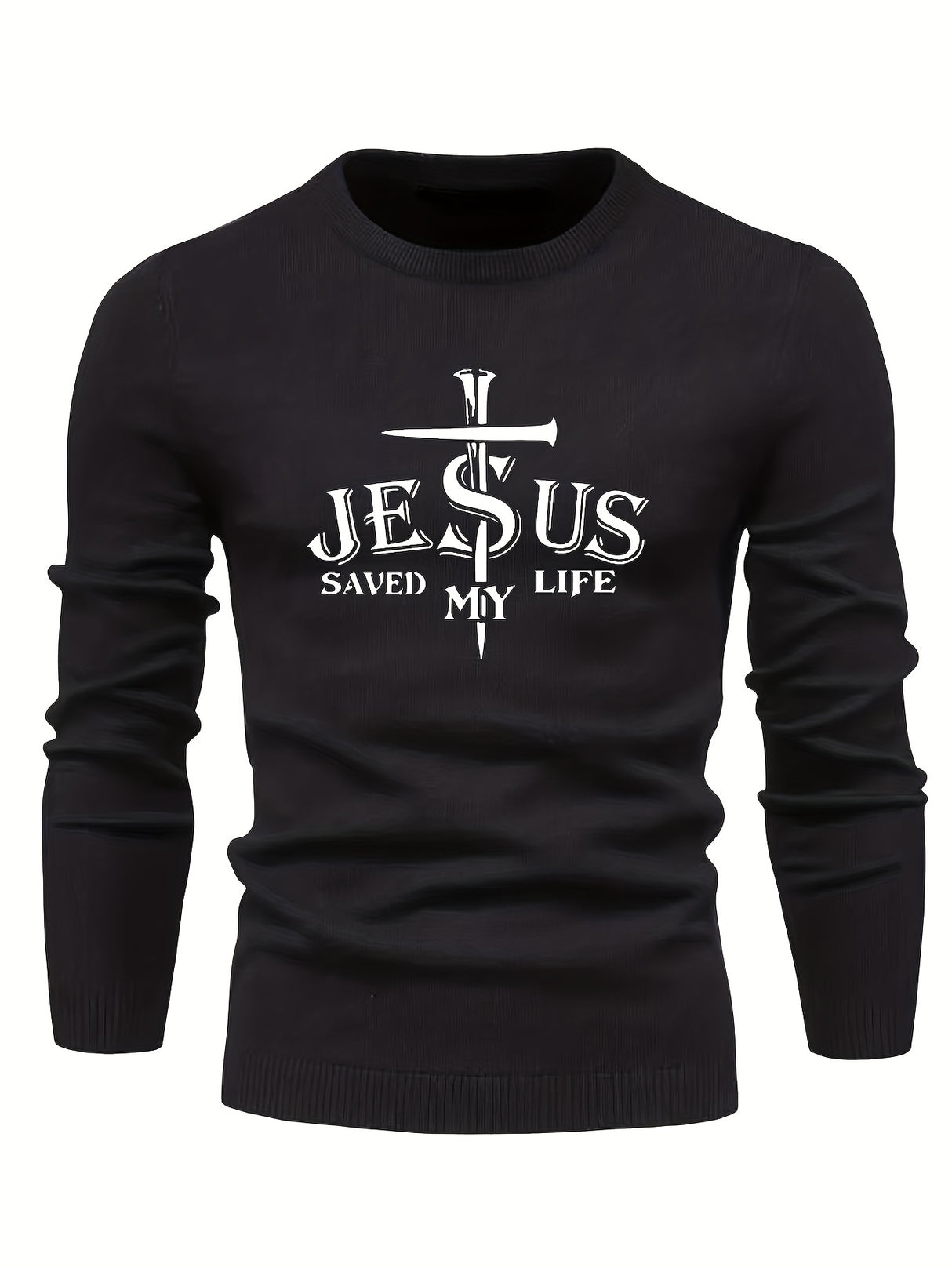 Jesus Saved My Life Print All Match Knitted Sweater, Men's Casual Warm Mid Stretch Crew Neck Pullover Sweater For Men Fall Winter