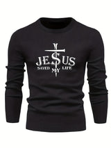 Jesus Saved My Life Print All Match Knitted Sweater, Men's Casual Warm Mid Stretch Crew Neck Pullover Sweater For Men Fall Winter